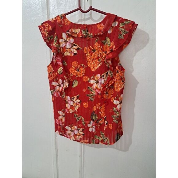 Express Womens Small Top Red Orange Flutter Sleeve Blouse Floral - Picture 5 of 8